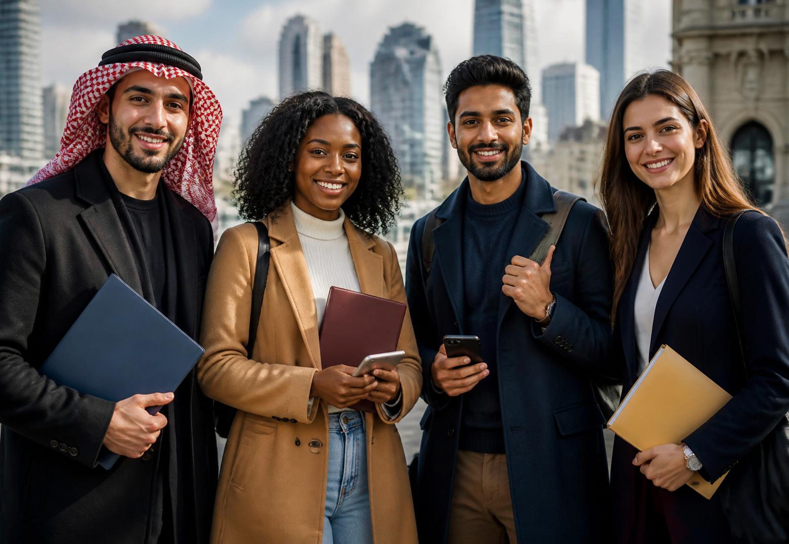 Candidats à l'immigration d'origines diverses — arabe, noire, indienne et blanche — souriants en ville